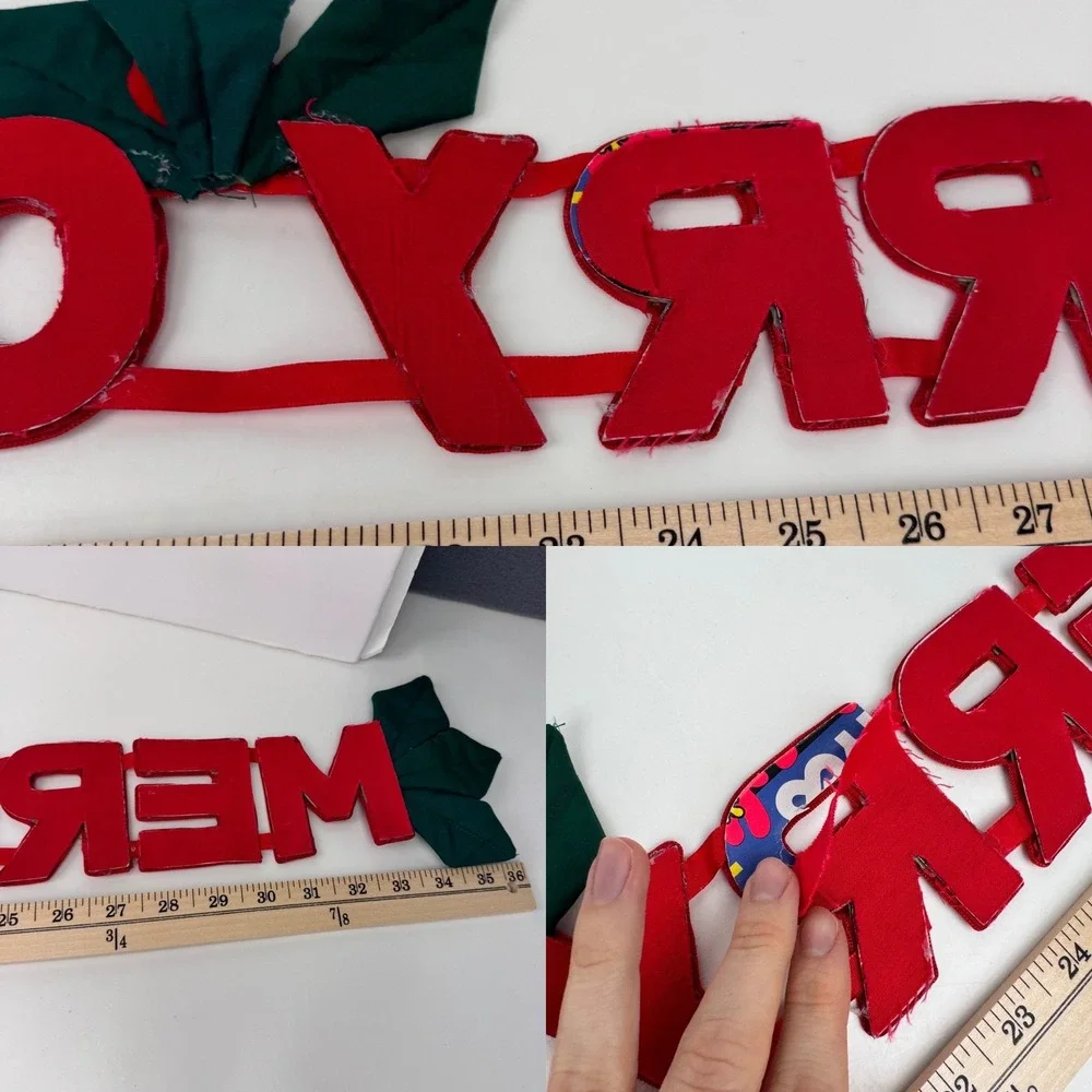 Vtg 3D Fabric Merry Christmas Holiday Lettering Holly Attached 45in length READ